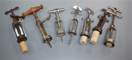 Seven French steel corkscrews, late 19th/early 20th century,